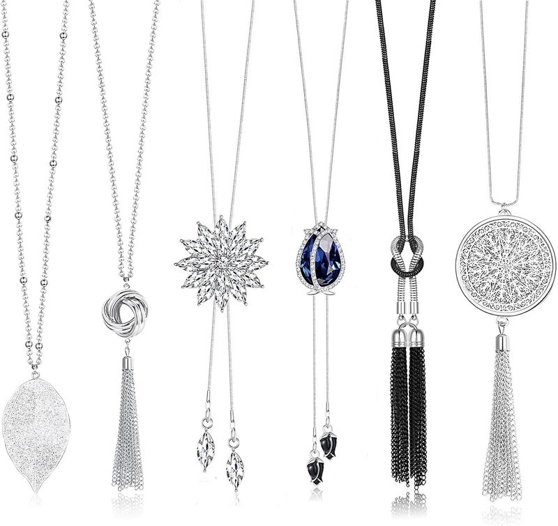 Jstyle 6Pcs Long Pendant Necklaces for Women Long Sweater Necklaces Silver Flower Tassel Disk Circle Leaf Statement Sweater Chain Necklace for Women Y Necklace Set Fashion Jewelry - Image 1